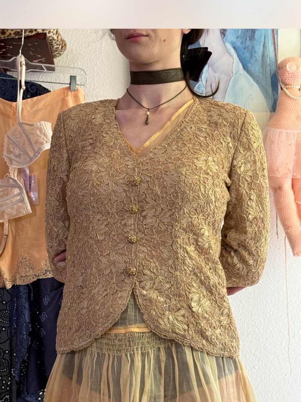 Vintage 90s Tailored Gold Lace Button Down Top Small - Picture 6 of 6